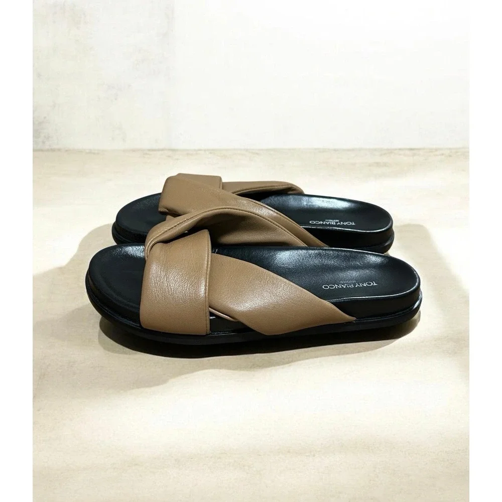 TONY BIANCO Ives Leather Slide Sandals Taupe Brown Black Sole EU 36 Comfort